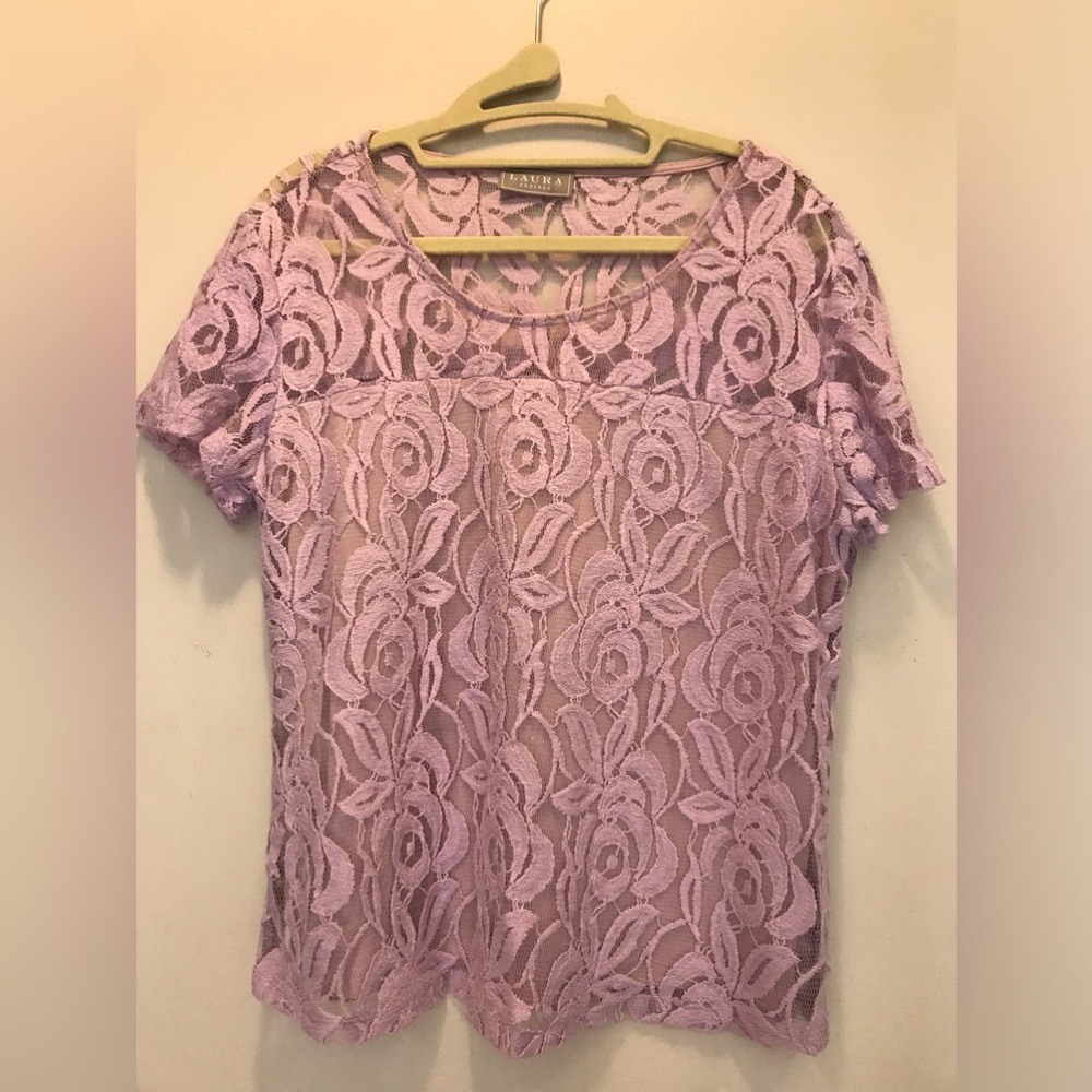 Lavender Lace Overlay Short Sleeve Top by Talbots